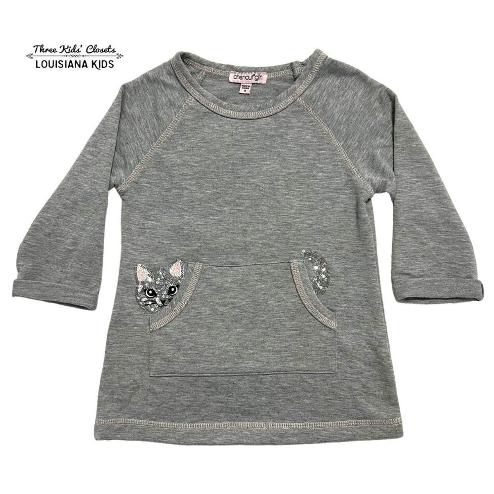 Chenault Girl 4Y Grey & Silver Sequin Cat Tunic Top